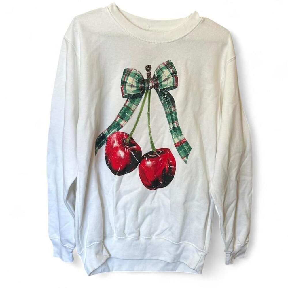 Long White “Inspired Culture” Cherry Graphic Sweater